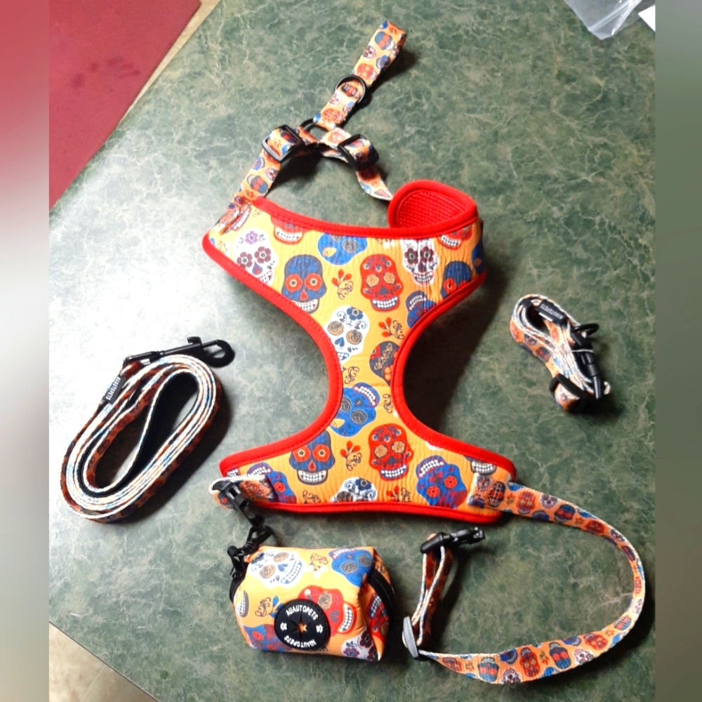 Dog harness with matching leash, collar, and pouch with disposable bags. NWOT M.